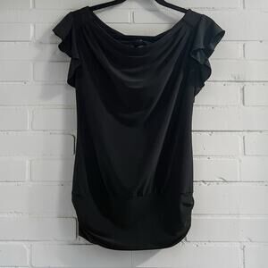 Tempted Black Draped Blouse Small Ruffle Sleeve Keyhole Minimalist Top